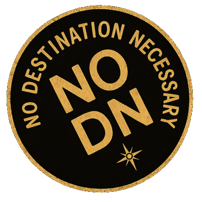 No Destination Necessary logo set to look like a passport stamp